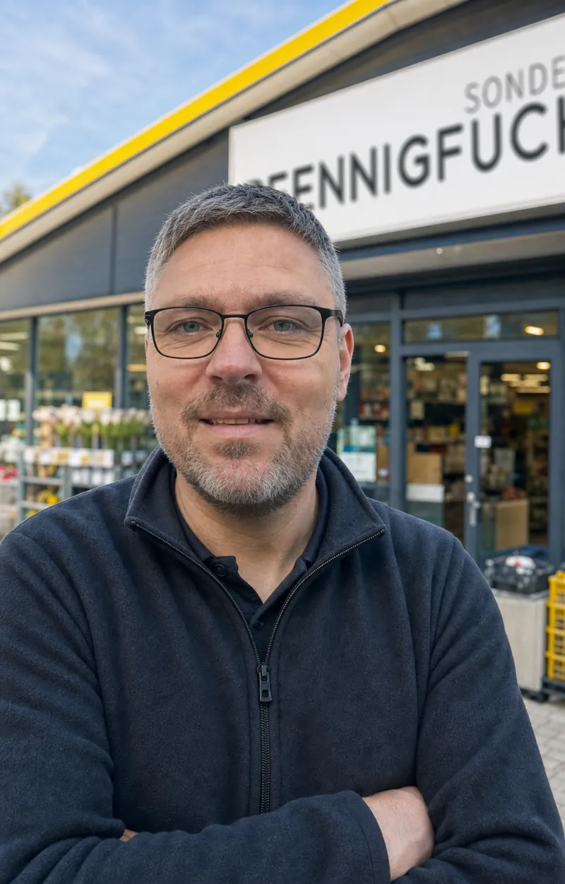 Mathias Mohrmann, Geschäftsführer des Sonderposten Pfennigfuchser, vor dem Markt